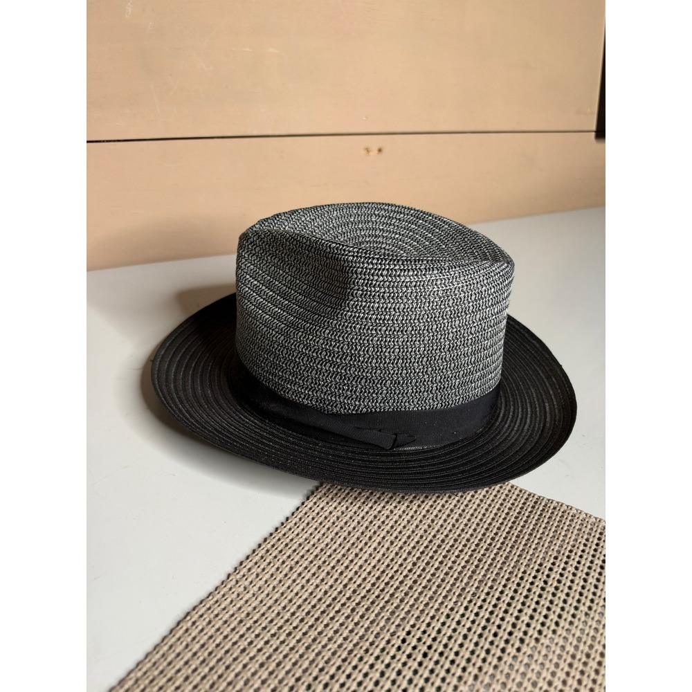 Dobbs New York Mens Fedora Hat Grey Black Woven Straw Made in USA Medium